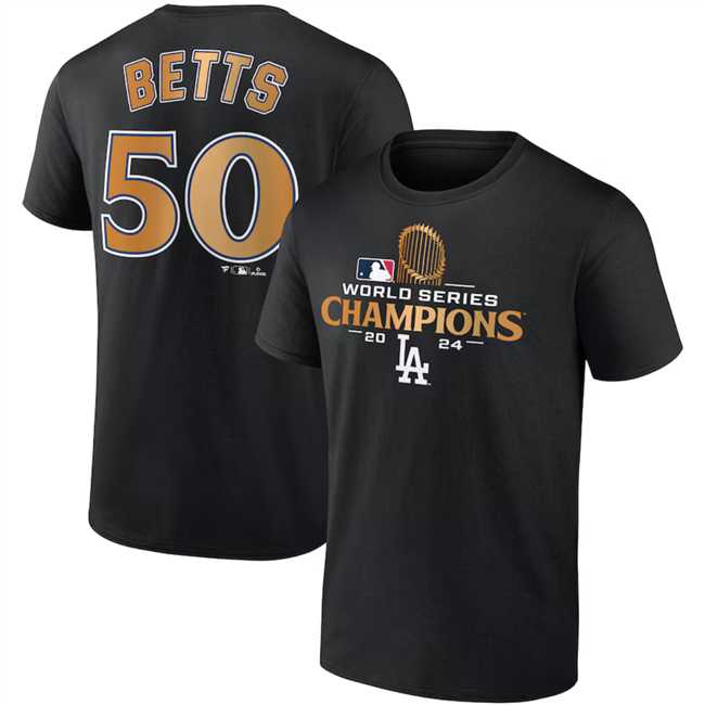 Men's Los Angeles Dodgers #50 Mookie Betts Black 2024 World Series Champions Name & Number T-Shirt,We sell and wholesale Men's Los Angeles Dodgers #50 Mookie Betts Black 2024 World Series Champions Name & Number T-Shirt on line form chian!